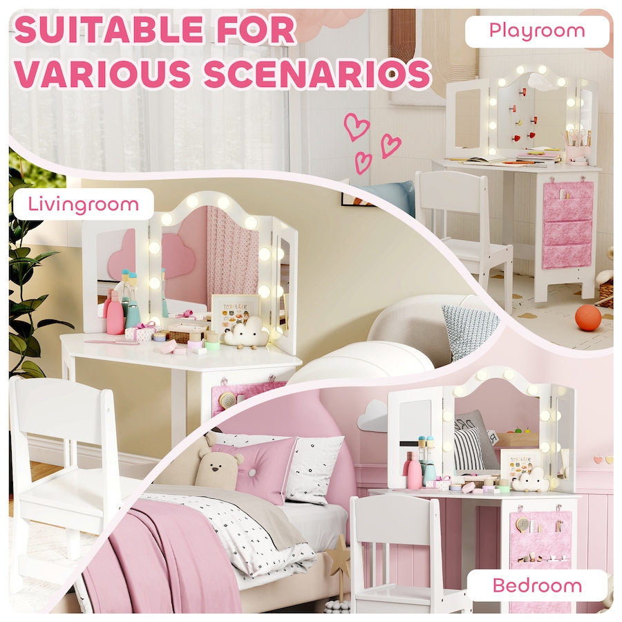 Image 976701_ALTMORE7.jpg, Product 976-701 / Price $146.99, Qaba Kids Vanity Table and Chair Set with Lights and Tri-Fold Mirror White from Qaba on TSC.ca's Home & Garden department
