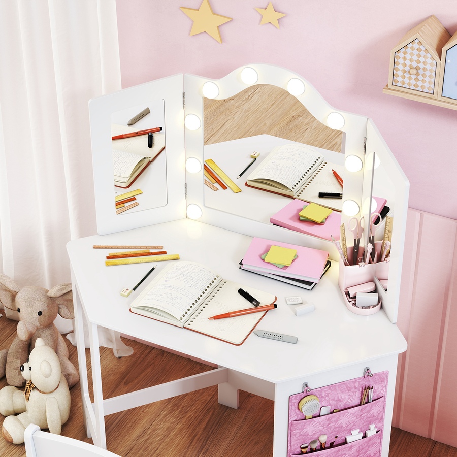 Image 976701_ALTMORE8.jpg, Product 976-701 / Price $146.99, Qaba Kids Vanity Table and Chair Set with Lights and Tri-Fold Mirror White from Qaba on TSC.ca's Home & Garden department