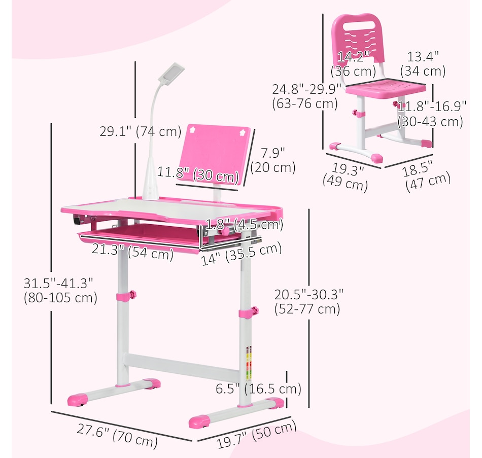 Image 976704_ALTMORE2.jpg, Product 976-704 / Price $156.99, Qaba Kids Desk and Chair Set Height Adjustable Student Writing Desk, Pink from Qaba on TSC.ca's Home & Garden department