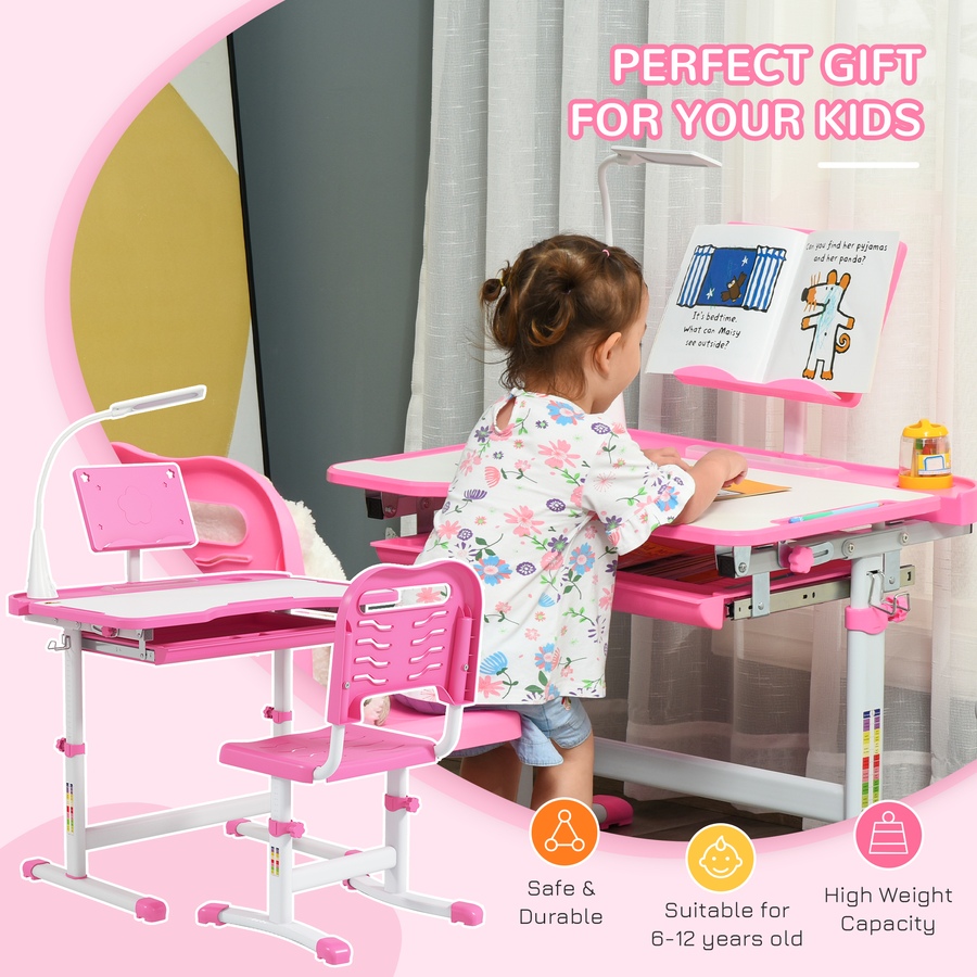 Image 976704_ALTMORE3.jpg, Product 976-704 / Price $144.99, Qaba Kids Desk and Chair Set Height Adjustable Student Writing Desk, Pink from Qaba on TSC.ca's Home & Garden department