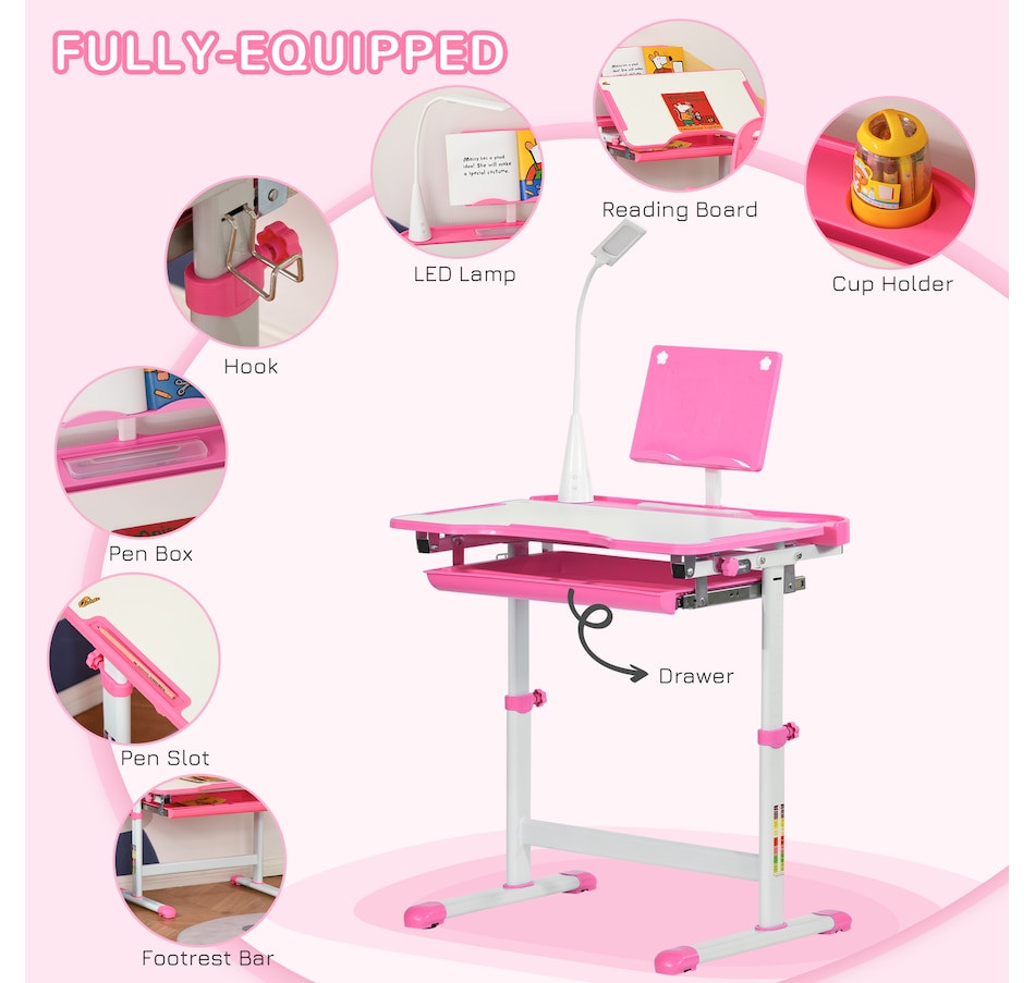 Image 976704_ALTMORE4.jpg, Product 976-704 / Price $156.99, Qaba Kids Desk and Chair Set Height Adjustable Student Writing Desk, Pink from Qaba on TSC.ca's Home & Garden department