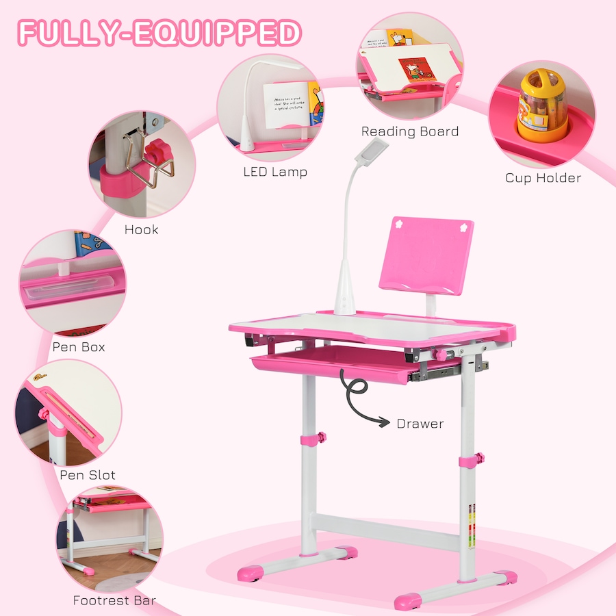 Image 976704_ALTMORE4.jpg, Product 976-704 / Price $144.99, Qaba Kids Desk and Chair Set Height Adjustable Student Writing Desk, Pink from Qaba on TSC.ca's Home & Garden department