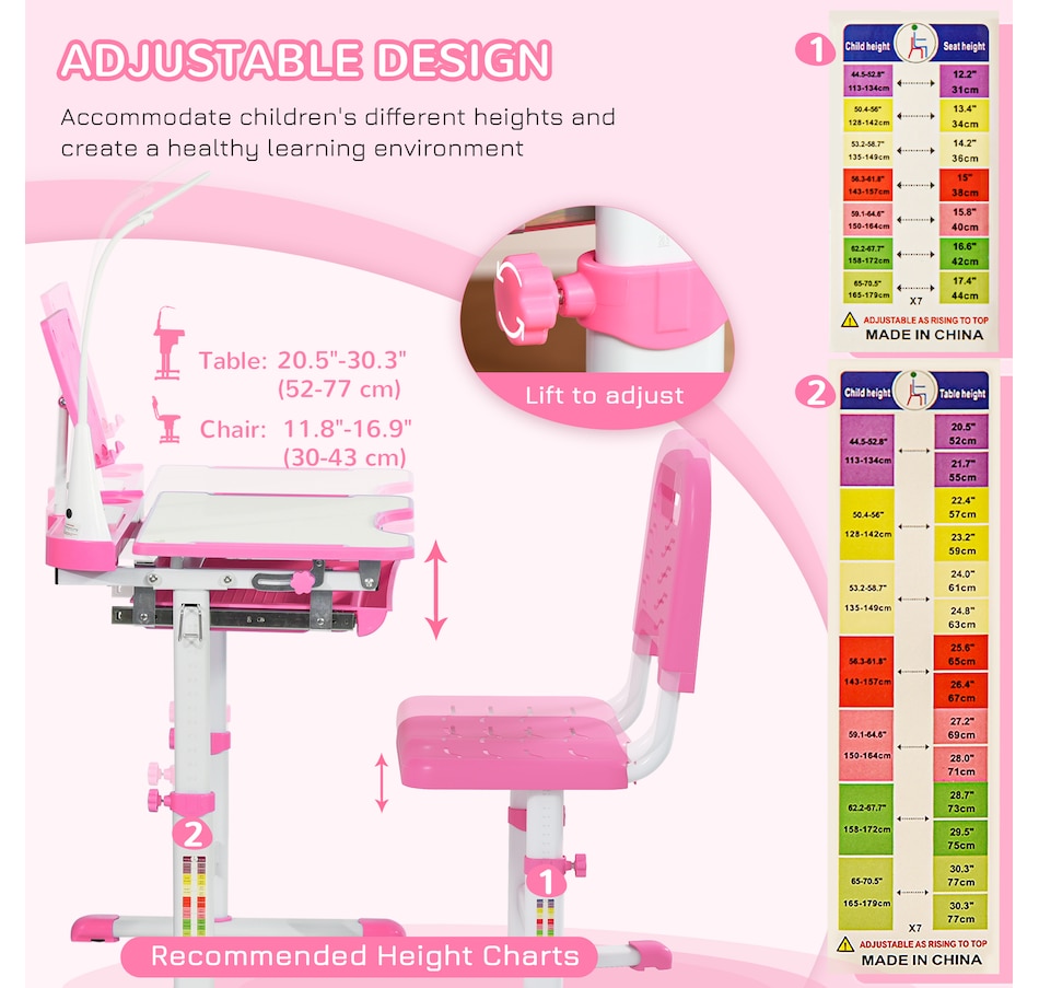 Image 976704_ALTMORE5.jpg, Product 976-704 / Price $156.99, Qaba Kids Desk and Chair Set Height Adjustable Student Writing Desk, Pink from Qaba on TSC.ca's Home & Garden department