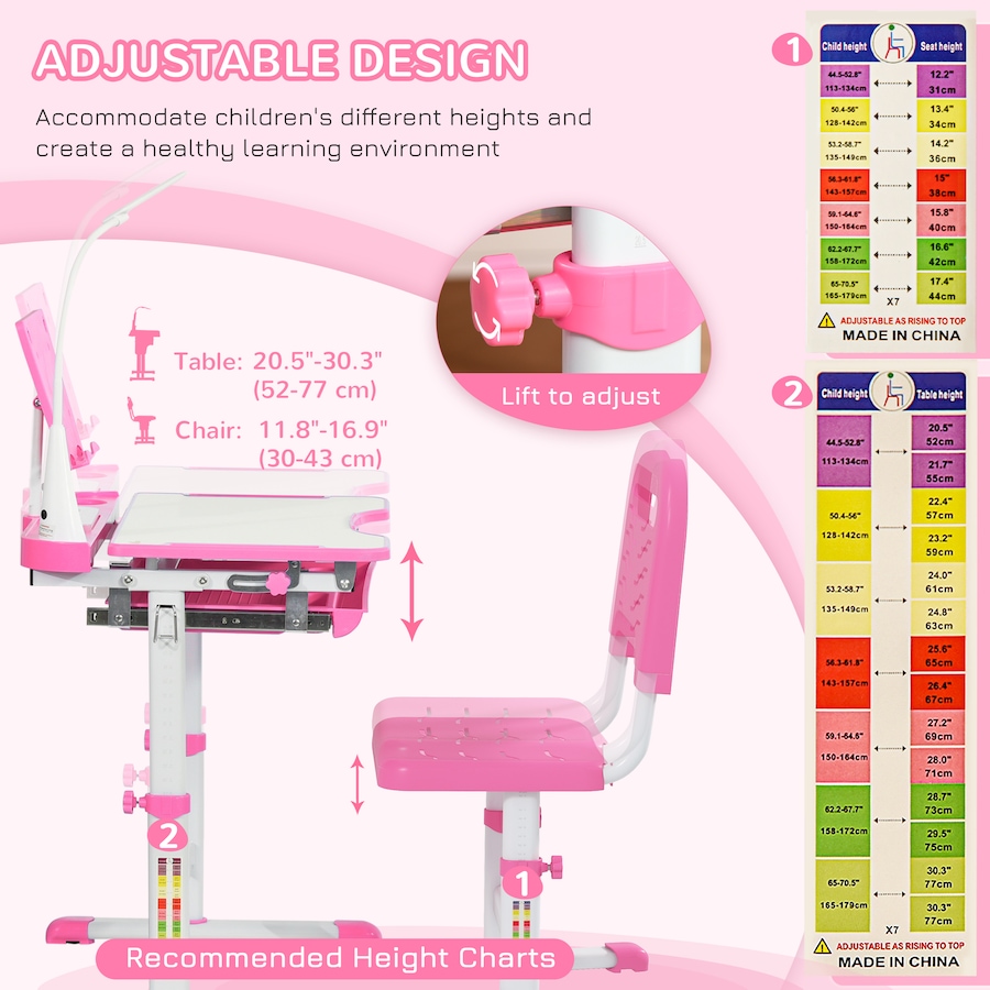 Image 976704_ALTMORE5.jpg, Product 976-704 / Price $144.99, Qaba Kids Desk and Chair Set Height Adjustable Student Writing Desk, Pink from Qaba on TSC.ca's Home & Garden department