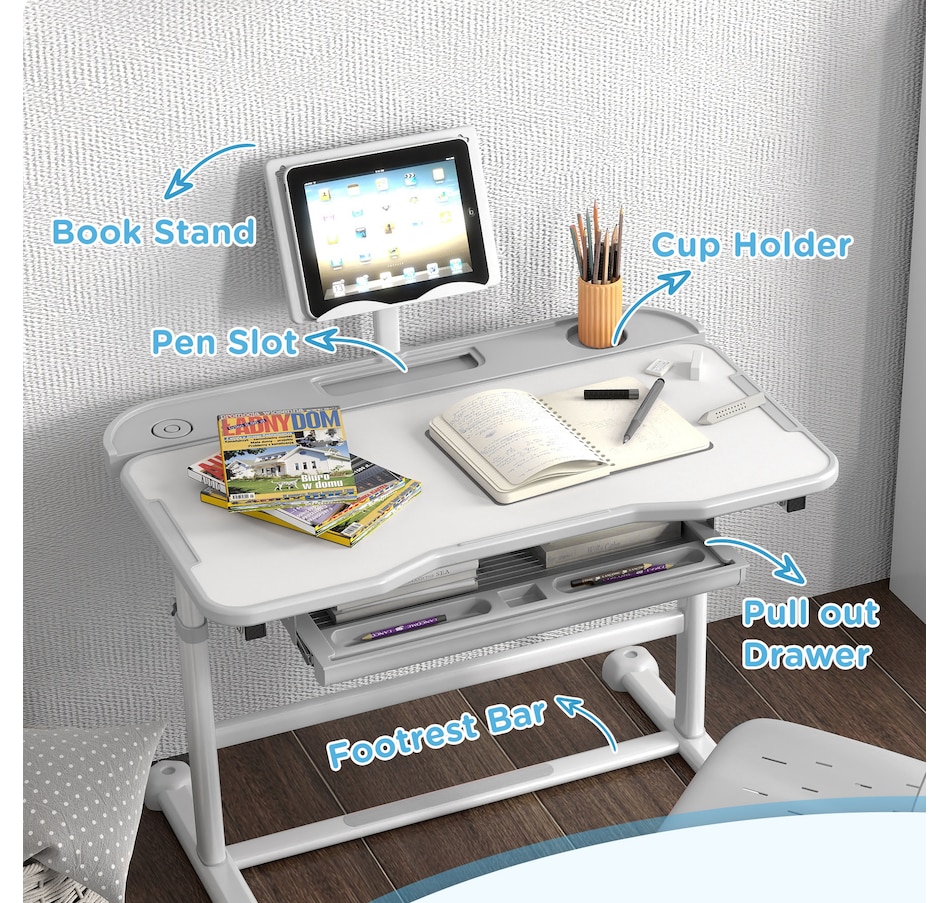 Image 976711_ALTMORE6.jpg, Product 976-711 / Price $166.99, Qaba Kids Desk and Chair Set Height Adjustable w/ Tilt Desktop, Grey from Qaba on TSC.ca's Home & Garden department