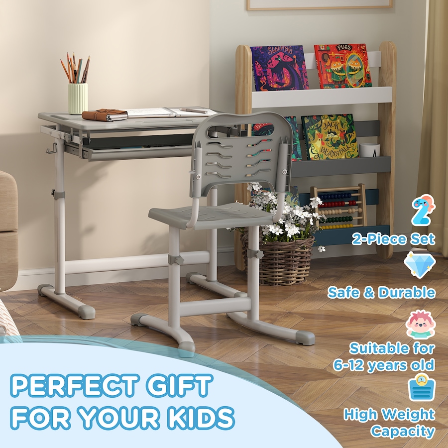 Image 976714_ALTMORE3.jpg, Product 976-714 / Price $126.99, Qaba Height Adjustable Kids Desk and Chair Set with Tiltable Desktop, Grey from Qaba on TSC.ca's Home & Garden department