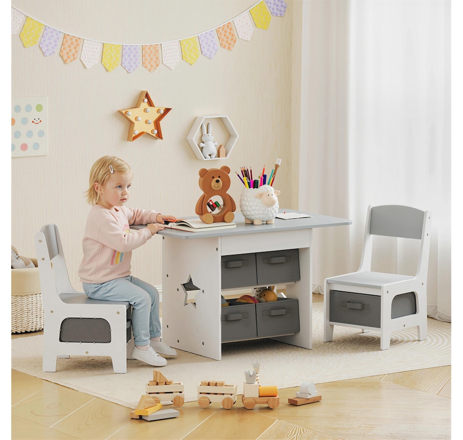 Image 976715_ALTMORE1.jpg, Product 976-715 / Price $109.99, Qaba 3 Piece Kids Table and Chair Set with 6 Removable Drawers, Light Grey from Qaba on TSC.ca's Home & Garden department