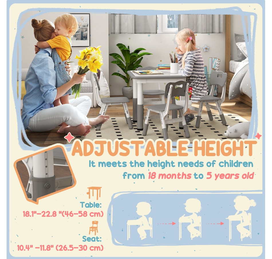 Image 976719_ALTMORE3.jpg, Product 976-719 / Price $129.99, Qaba 5 Pieces Height Adjustable Kids Table and Chair Set for Playroom Grey from Qaba on TSC.ca's Home & Garden department