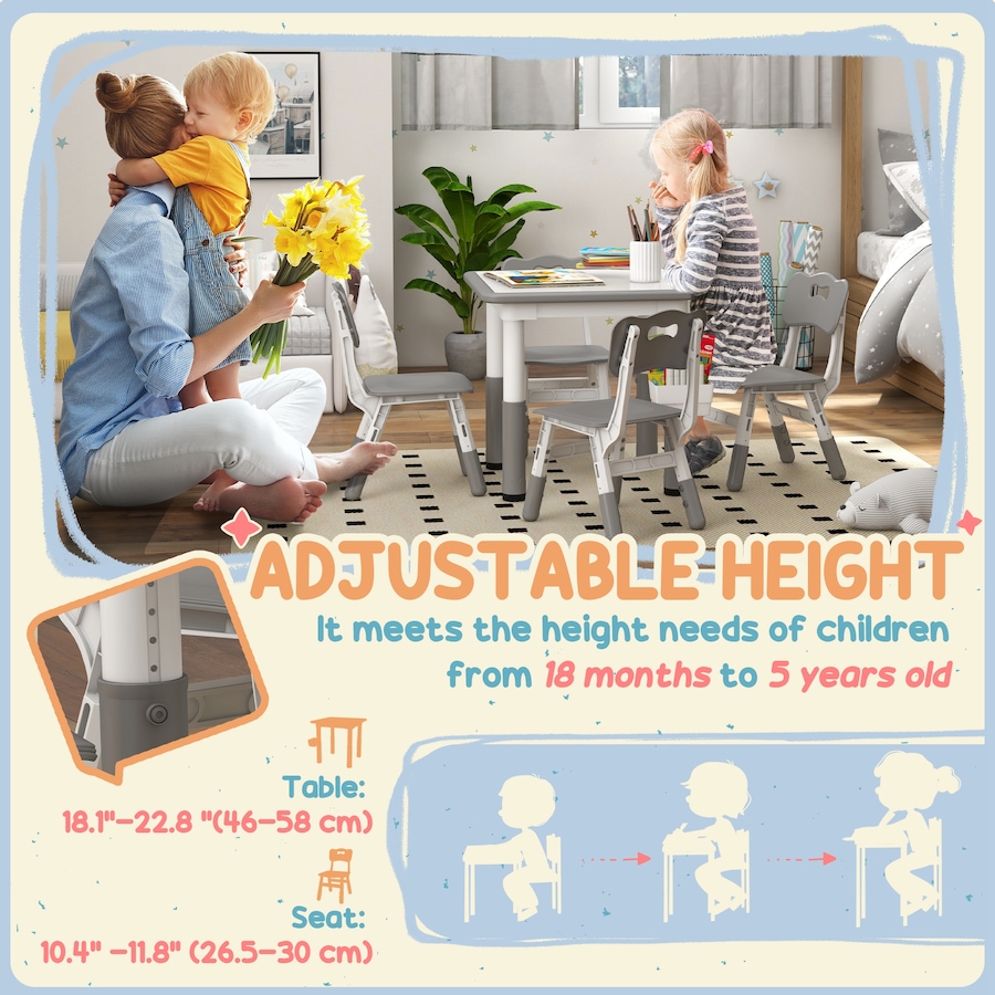 Image 976719_ALTMORE3.jpg, Product 976-719 / Price $119.99, Qaba 5 Pieces Height Adjustable Kids Table and Chair Set for Playroom Grey from Qaba on TSC.ca's Home & Garden department