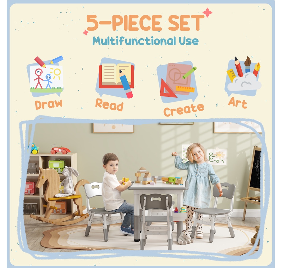 Image 976719_ALTMORE4.jpg, Product 976-719 / Price $129.99, Qaba 5 Pieces Height Adjustable Kids Table and Chair Set for Playroom Grey from Qaba on TSC.ca's Home & Garden department