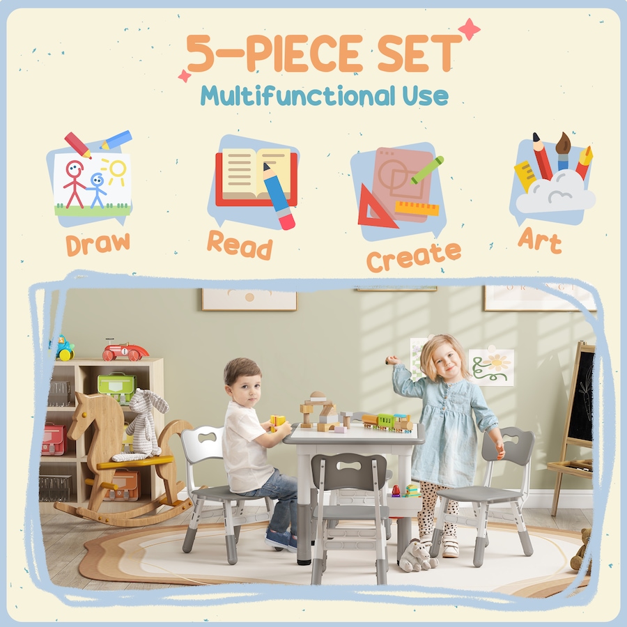 Image 976719_ALTMORE4.jpg, Product 976-719 / Price $119.99, Qaba 5 Pieces Height Adjustable Kids Table and Chair Set for Playroom Grey from Qaba on TSC.ca's Home & Garden department