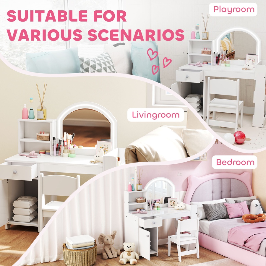 Image 976721_ALTMORE12.jpg, Product 976-721 / Price $169.99, Qaba Kids Vanity Set with Lighted Mirror, Stool, Cabinet, Drawer, White from Qaba on TSC.ca's Home & Garden department