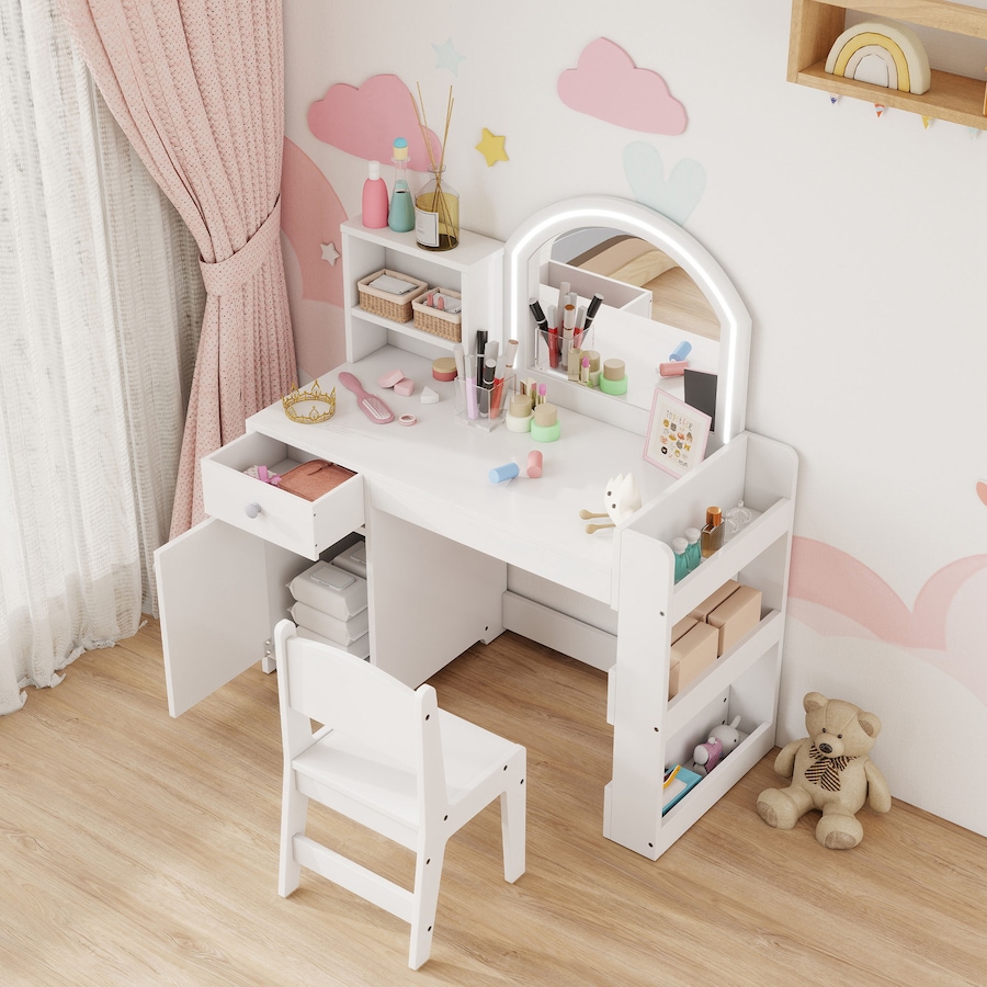 Image 976721_ALTMORE13.jpg, Product 976-721 / Price $169.99, Qaba Kids Vanity Set with Lighted Mirror, Stool, Cabinet, Drawer, White from Qaba on TSC.ca's Home & Garden department