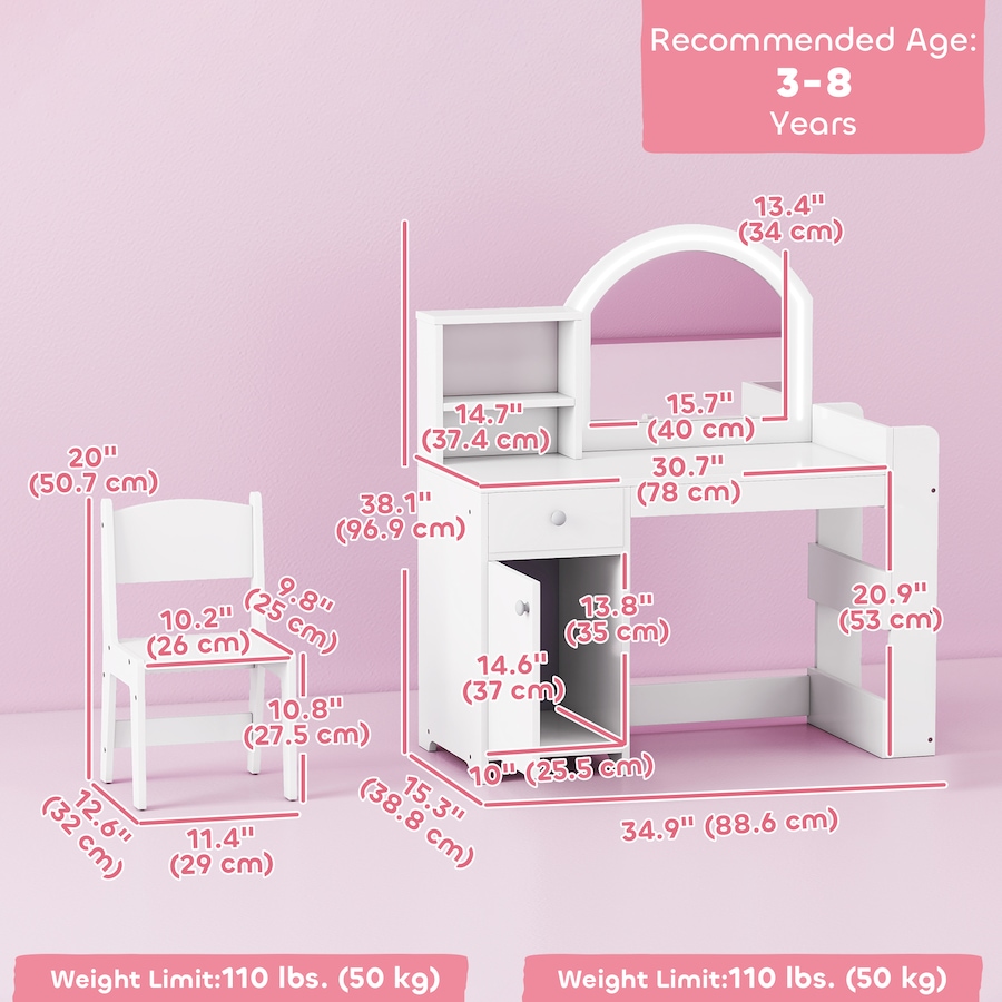 Image 976721_ALTMORE2.jpg, Product 976-721 / Price $169.99, Qaba Kids Vanity Set with Lighted Mirror, Stool, Cabinet, Drawer, White from Qaba on TSC.ca's Home & Garden department