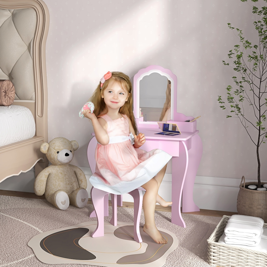 Image 976731_ALTMORE1.jpg, Product 976-731 / Price $104.99, Qaba Kids Vanity Table with Mirror and Stool, Cloud Design, Drawer Pink from Qaba on TSC.ca's Home & Garden department