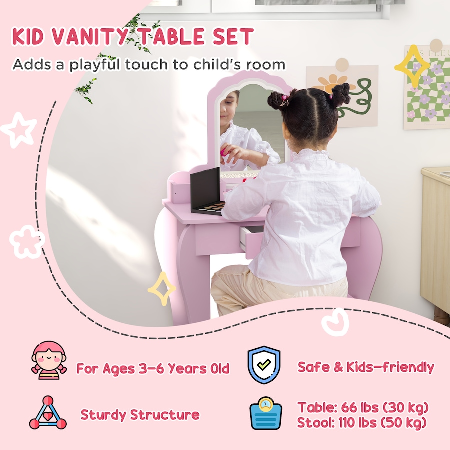 Image 976731_ALTMORE3.jpg, Product 976-731 / Price $104.99, Qaba Kids Vanity Table with Mirror and Stool, Cloud Design, Drawer Pink from Qaba on TSC.ca's Home & Garden department