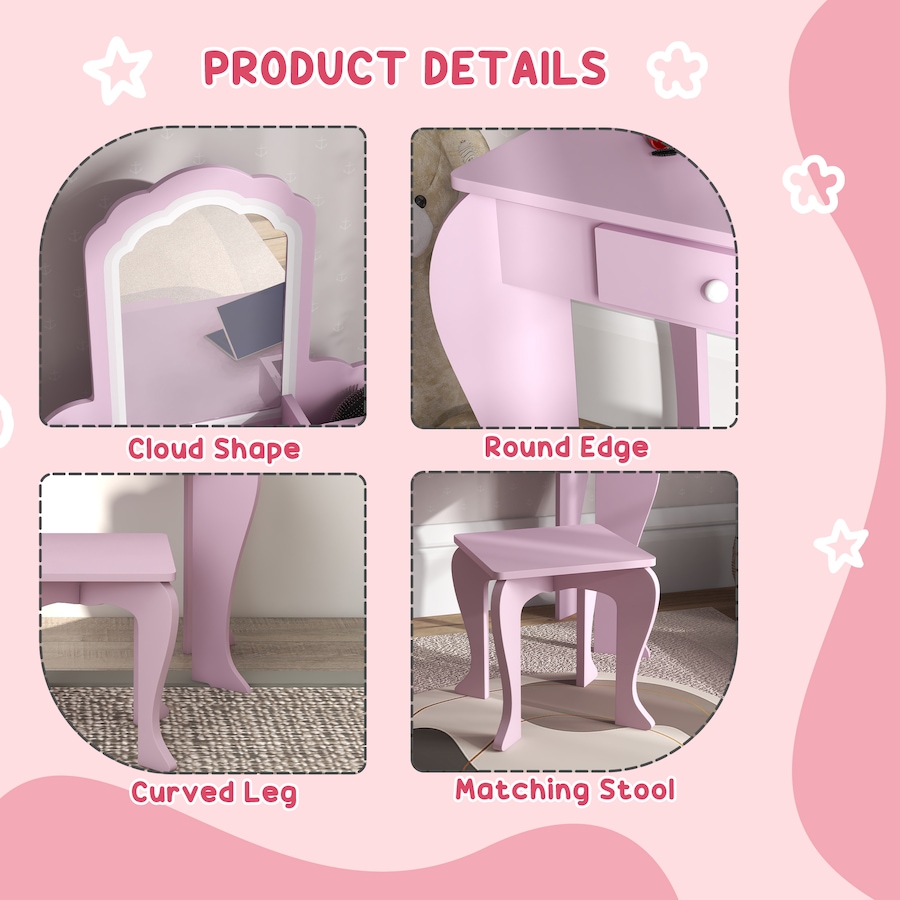 Image 976731_ALTMORE6.jpg, Product 976-731 / Price $104.99, Qaba Kids Vanity Table with Mirror and Stool, Cloud Design, Drawer Pink from Qaba on TSC.ca's Home & Garden department