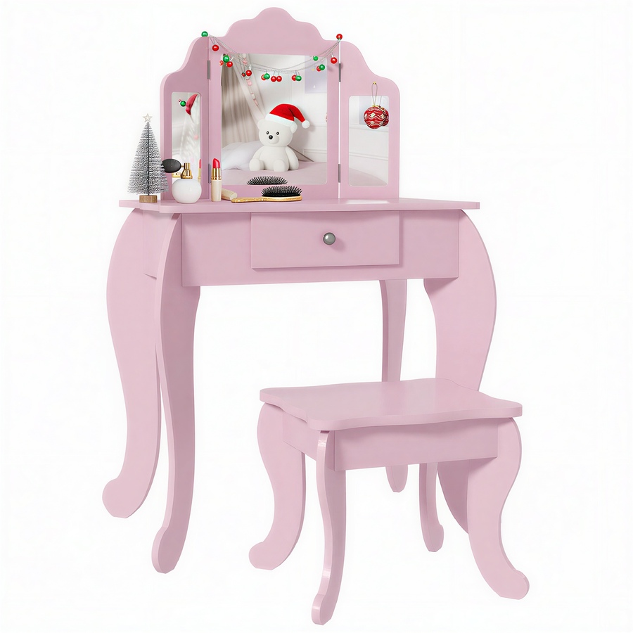 Image 976732.jpg, Product 976-732 / Price $93.99, Qaba Kids Vanity Table & Stool Set with Tri-folding Mirrors, Pink from Qaba on TSC.ca's Home & Garden department