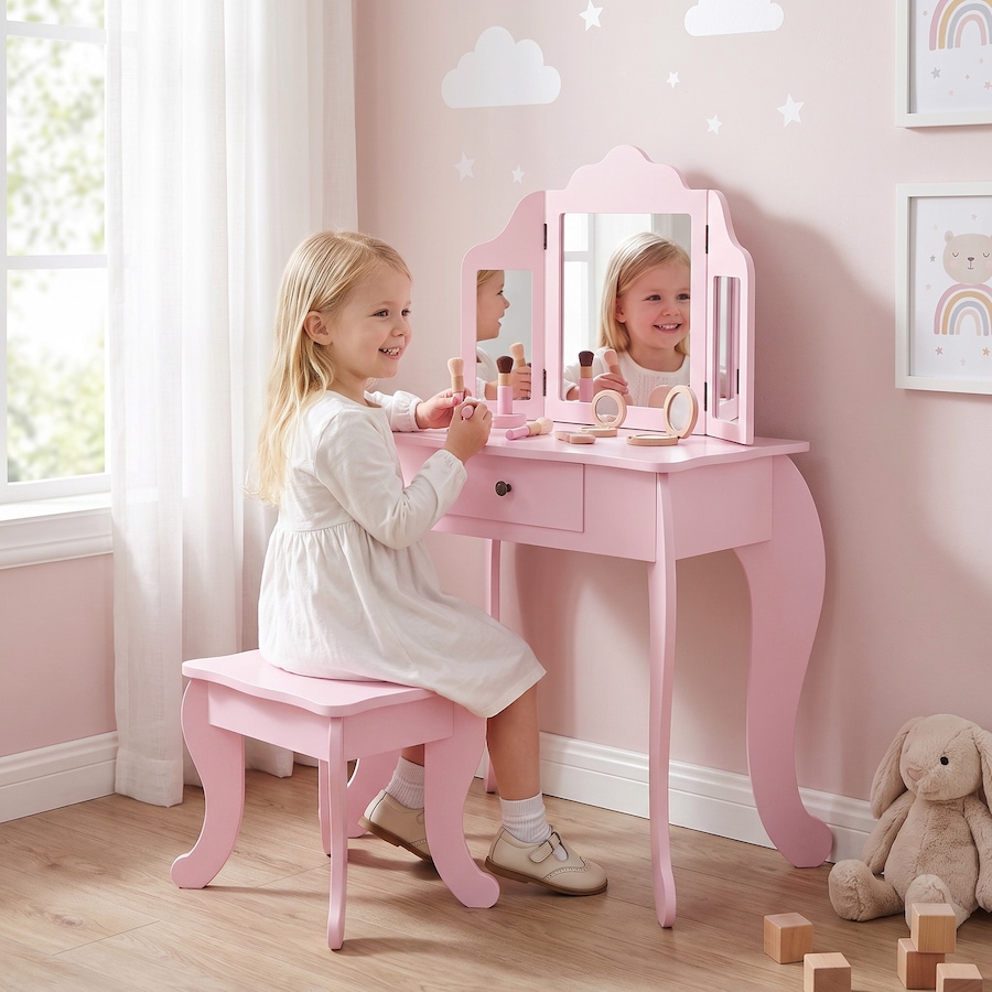 Image 976732_ALTMORE11.jpg, Product 976-732 / Price $95.99, Qaba Kids Vanity Table & Stool Set with Tri-folding Mirrors, Pink from Qaba on TSC.ca's Home & Garden department