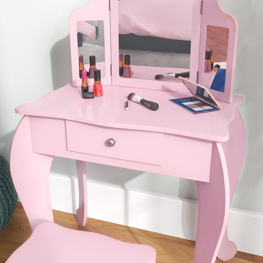 Image 976732_ALTMORE13.jpg, Product 976-732 / Price $95.99, Qaba Kids Vanity Table & Stool Set with Tri-folding Mirrors, Pink from Qaba on TSC.ca's Home & Garden department