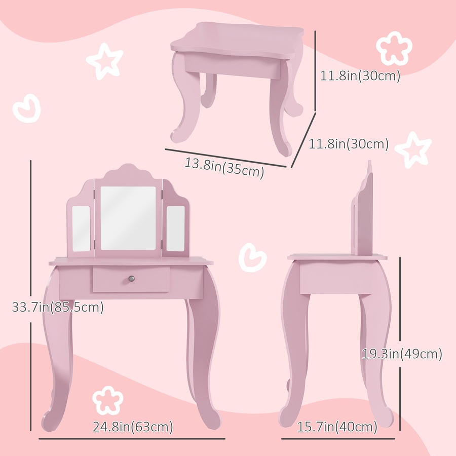Image 976732_ALTMORE2.jpg, Product 976-732 / Price $93.99, Qaba Kids Vanity Table & Stool Set with Tri-folding Mirrors, Pink from Qaba on TSC.ca's Home & Garden department
