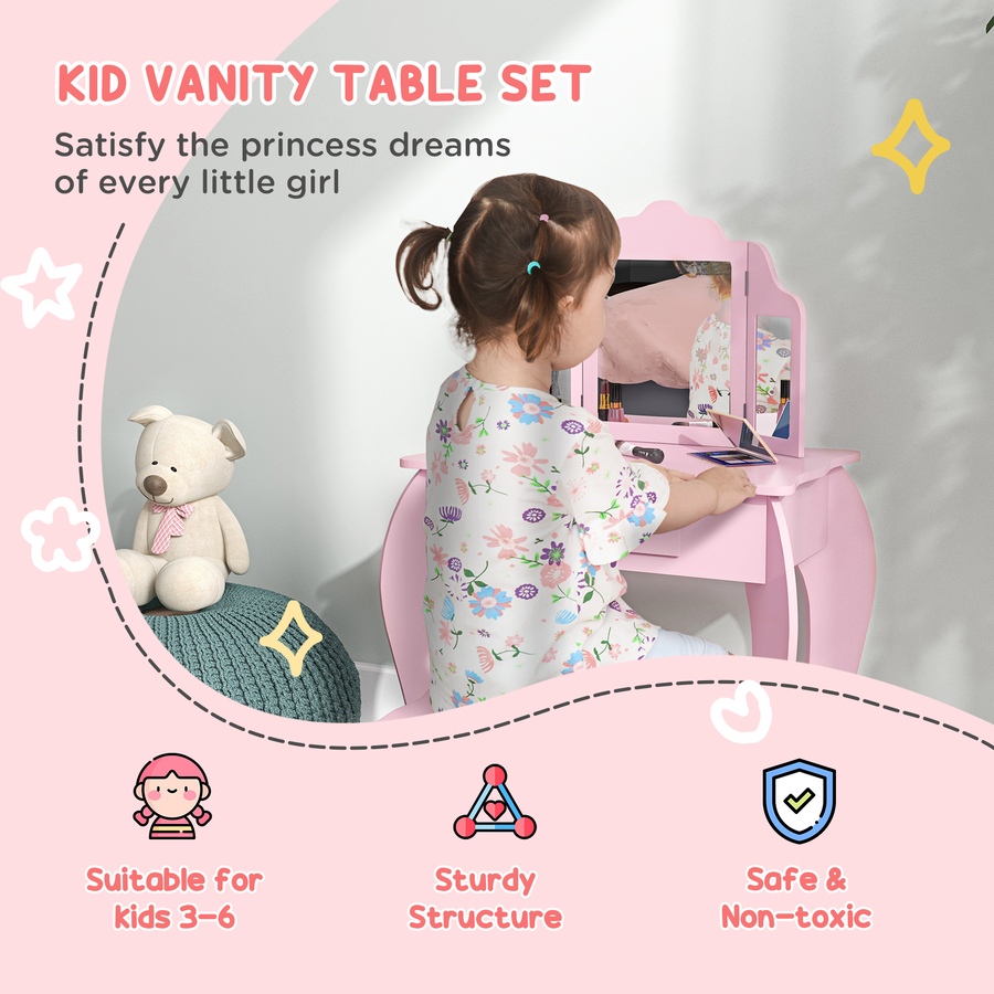 Image 976732_ALTMORE3.jpg, Product 976-732 / Price $93.99, Qaba Kids Vanity Table & Stool Set with Tri-folding Mirrors, Pink from Qaba on TSC.ca's Home & Garden department