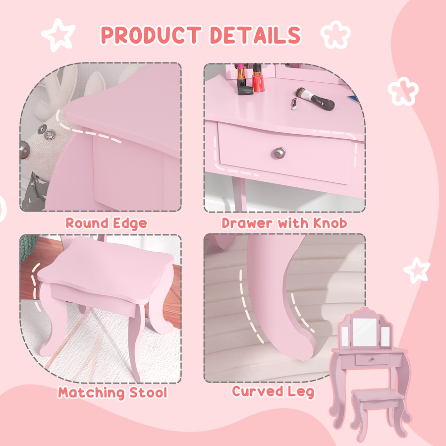 Image 976732_ALTMORE4.jpg, Product 976-732 / Price $93.99, Qaba Kids Vanity Table & Stool Set with Tri-folding Mirrors, Pink from Qaba on TSC.ca's Home & Garden department