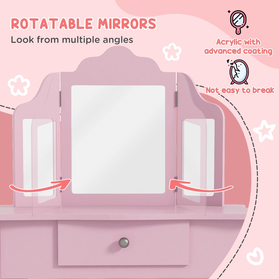 Image 976732_ALTMORE5.jpg, Product 976-732 / Price $93.99, Qaba Kids Vanity Table & Stool Set with Tri-folding Mirrors, Pink from Qaba on TSC.ca's Home & Garden department