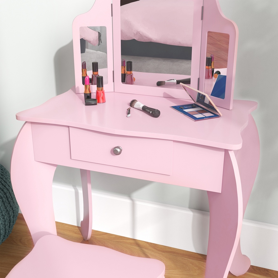 Image 976732_ALTMORE6.jpg, Product 976-732 / Price $93.99, Qaba Kids Vanity Table & Stool Set with Tri-folding Mirrors, Pink from Qaba on TSC.ca's Home & Garden department