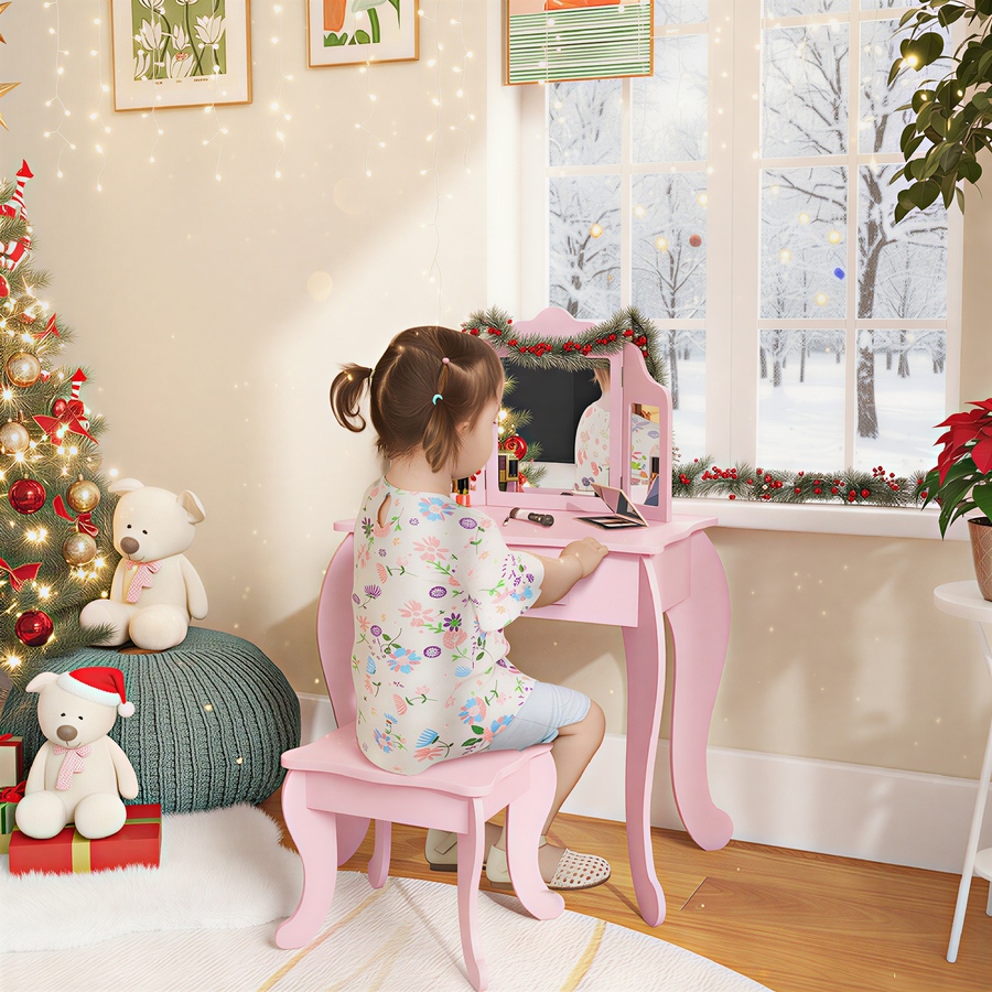 Image 976732_ALTMORE9.jpg, Product 976-732 / Price $93.99, Qaba Kids Vanity Table & Stool Set with Tri-folding Mirrors, Pink from Qaba on TSC.ca's Home & Garden department
