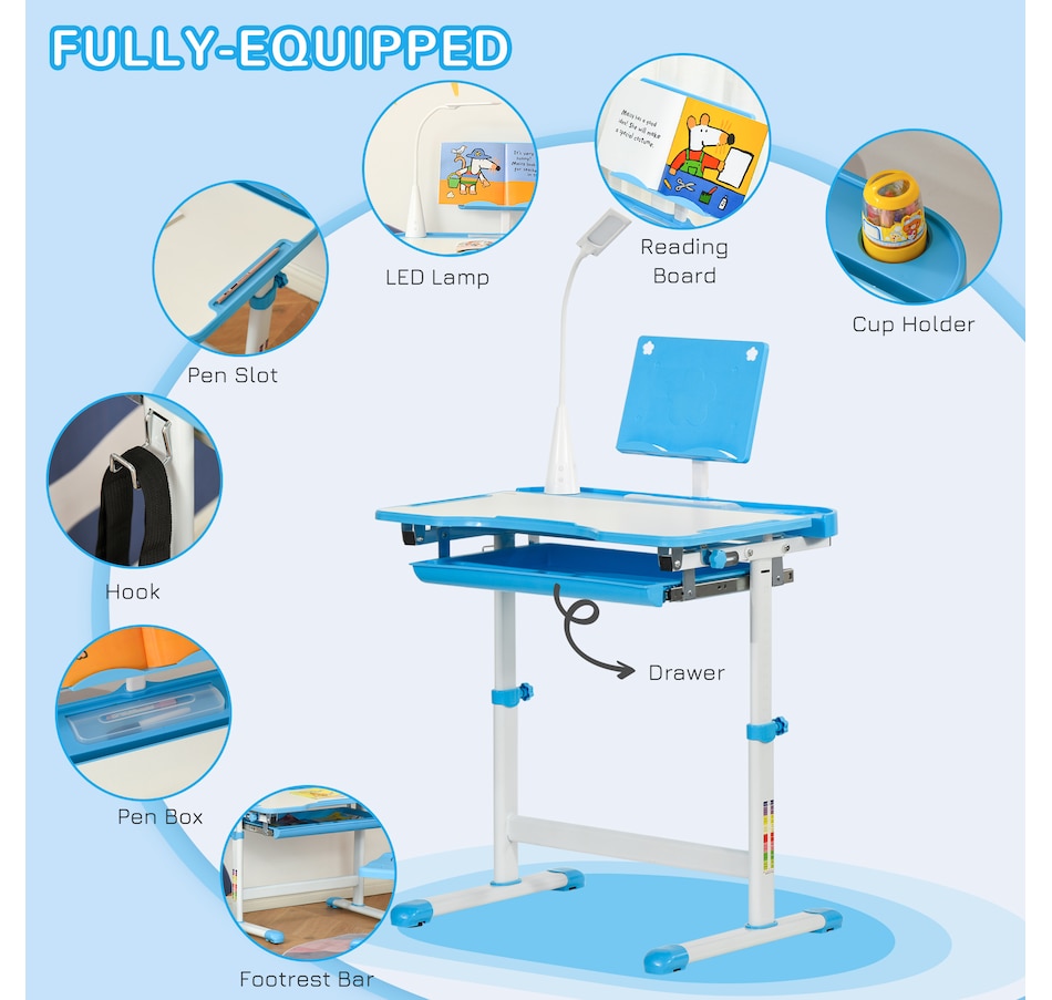 Image 976734_ALTMORE4.jpg, Product 976-734 / Price $156.99, Qaba Kids Desk and Chair Set Height Adjustable Student Writing Desk, Blue from Qaba on TSC.ca's Home & Garden department