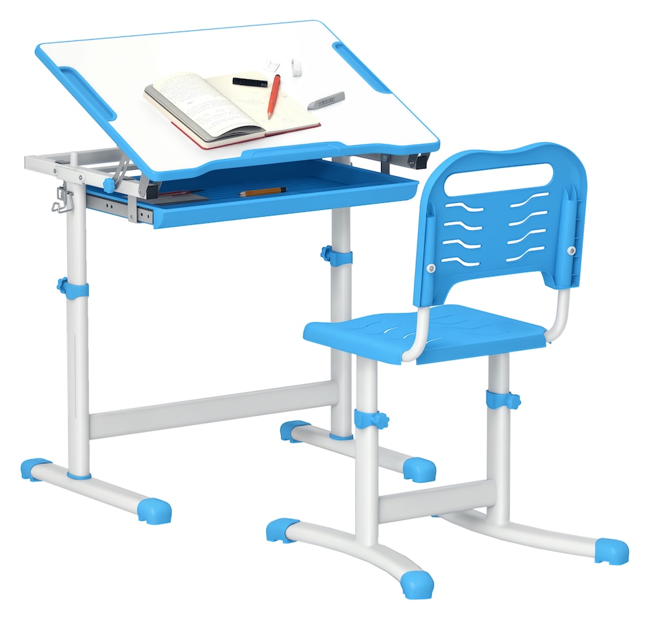 Image 976736.png, Product 976-736 / Price $136.99, Qaba Height Adjustable Kids Desk and Chair Set with Tiltable Desktop, Blue from Qaba on TSC.ca's Home & Garden department