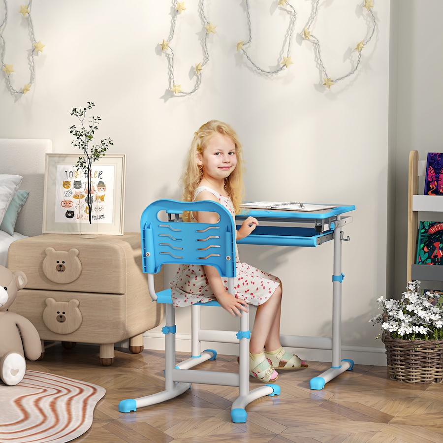 Image 976736_ALTMORE1.jpg, Product 976-736 / Price $129.99, Qaba Height Adjustable Kids Desk and Chair Set with Tiltable Desktop, Blue from Qaba on TSC.ca's Home & Garden department