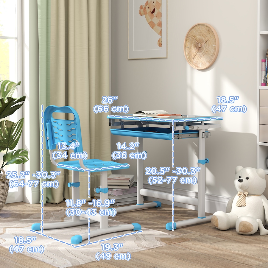 Image 976736_ALTMORE2.jpg, Product 976-736 / Price $129.99, Qaba Height Adjustable Kids Desk and Chair Set with Tiltable Desktop, Blue from Qaba on TSC.ca's Home & Garden department