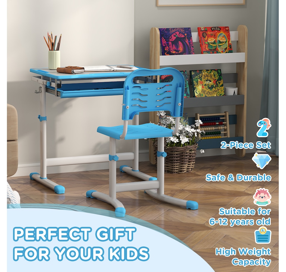 Image 976736_ALTMORE3.jpg, Product 976-736 / Price $136.99, Qaba Height Adjustable Kids Desk and Chair Set with Tiltable Desktop, Blue from Qaba on TSC.ca's Home & Garden department