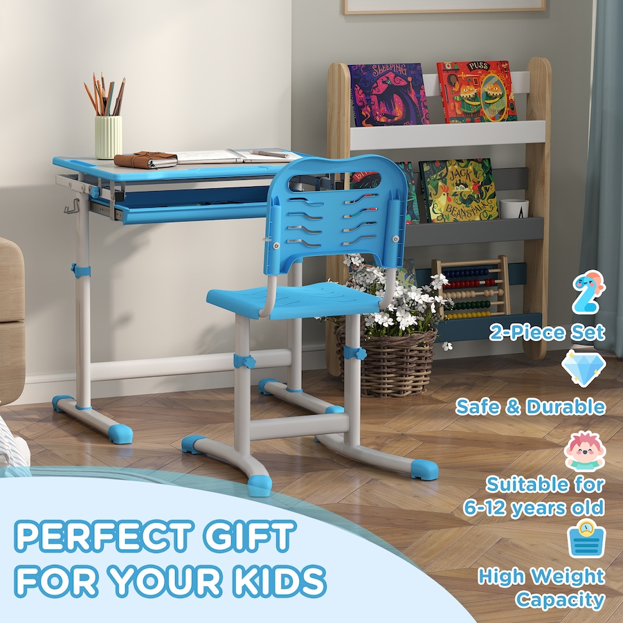 Image 976736_ALTMORE3.jpg, Product 976-736 / Price $129.99, Qaba Height Adjustable Kids Desk and Chair Set with Tiltable Desktop, Blue from Qaba on TSC.ca's Home & Garden department
