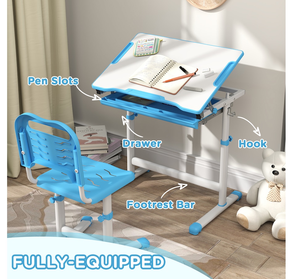 Image 976736_ALTMORE4.jpg, Product 976-736 / Price $136.99, Qaba Height Adjustable Kids Desk and Chair Set with Tiltable Desktop, Blue from Qaba on TSC.ca's Home & Garden department