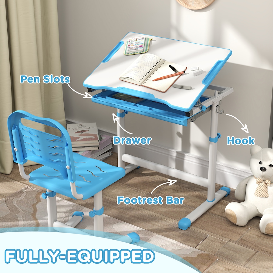 Image 976736_ALTMORE4.jpg, Product 976-736 / Price $129.99, Qaba Height Adjustable Kids Desk and Chair Set with Tiltable Desktop, Blue from Qaba on TSC.ca's Home & Garden department