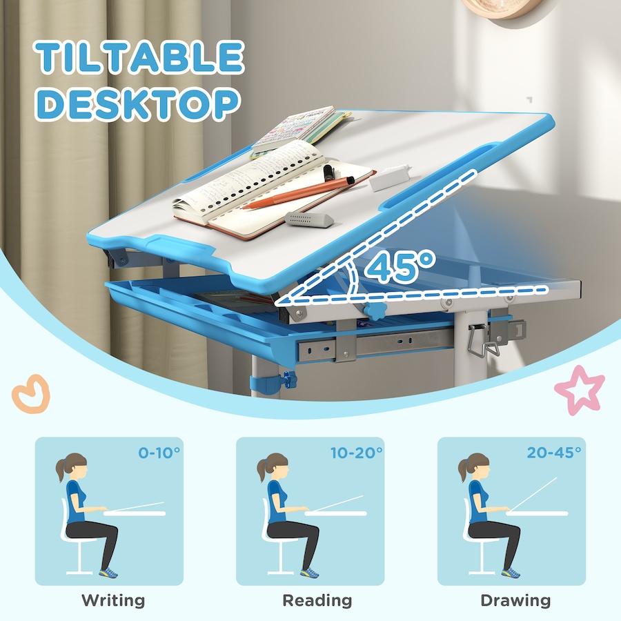 Image 976736_ALTMORE6.jpg, Product 976-736 / Price $129.99, Qaba Height Adjustable Kids Desk and Chair Set with Tiltable Desktop, Blue from Qaba on TSC.ca's Home & Garden department