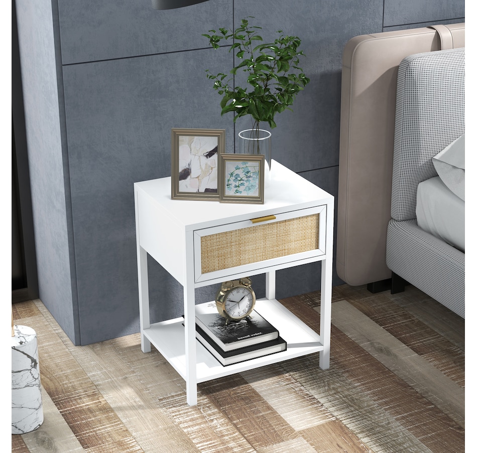 Image 976756_ALTMORE1.jpg, Product 976-756 / Price $94.99, HOMCOM Farmhouse Bedside Table with Drawer, Open Shelf and Rattan Element from HOMCOM on TSC.ca's Home & Garden department