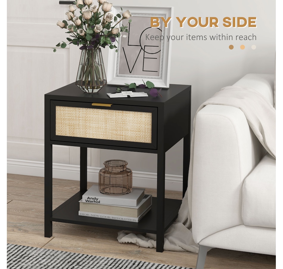 Image 976756_ALTMORE11.jpg, Product 976-756 / Price $94.99, HOMCOM Farmhouse Bedside Table with Drawer, Open Shelf and Rattan Element from HOMCOM on TSC.ca's Home & Garden department