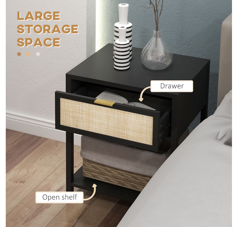 Image 976756_ALTMORE12.jpg, Product 976-756 / Price $94.99, HOMCOM Farmhouse Bedside Table with Drawer, Open Shelf and Rattan Element from HOMCOM on TSC.ca's Home & Garden department