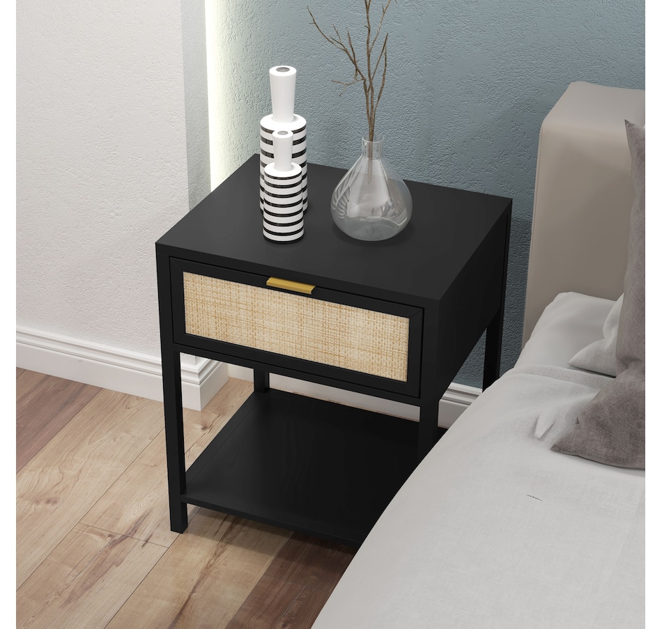 Image 976756_ALTMORE14.jpg, Product 976-756 / Price $94.99, HOMCOM Farmhouse Bedside Table with Drawer, Open Shelf and Rattan Element from HOMCOM on TSC.ca's Home & Garden department