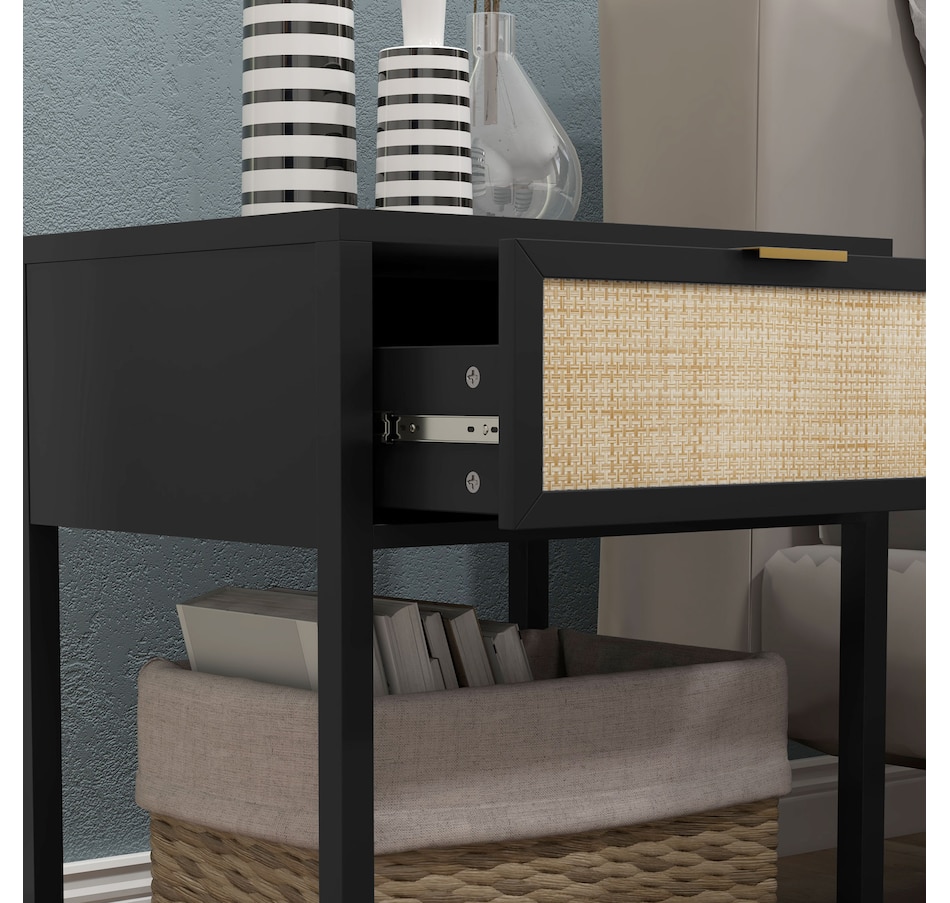 Image 976756_ALTMORE16.jpg, Product 976-756 / Price $94.99, HOMCOM Farmhouse Bedside Table with Drawer, Open Shelf and Rattan Element from HOMCOM on TSC.ca's Home & Garden department
