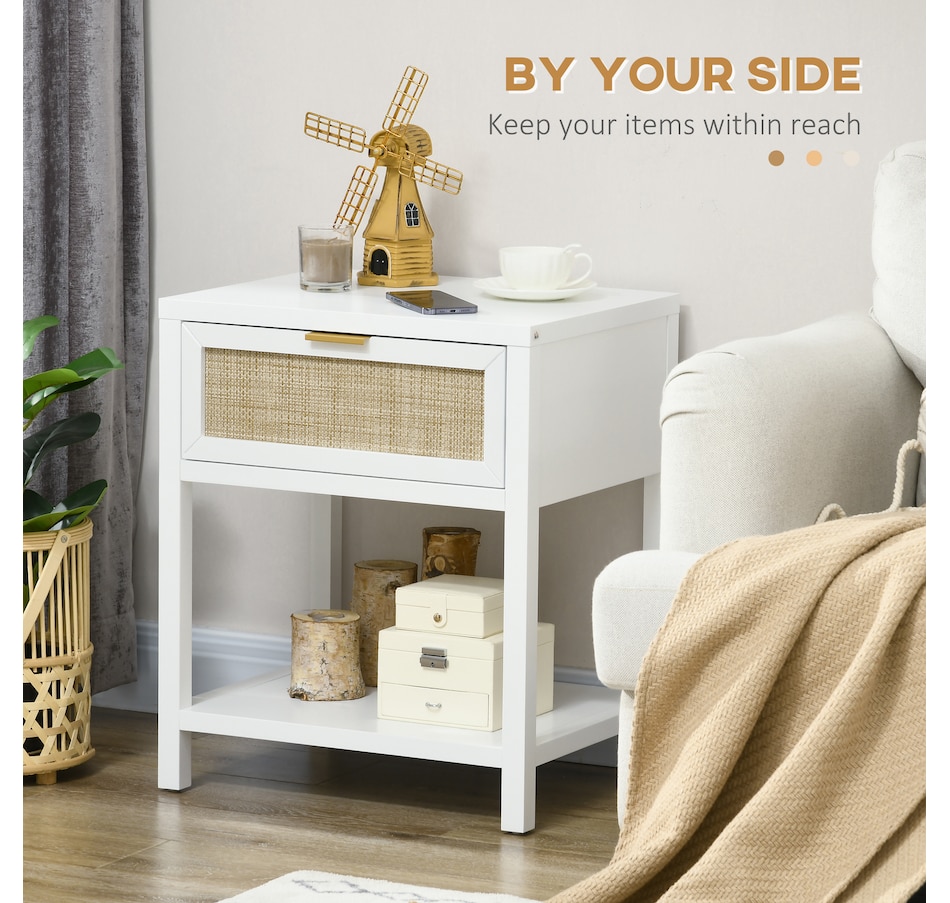 Image 976756_ALTMORE3.jpg, Product 976-756 / Price $94.99, HOMCOM Farmhouse Bedside Table with Drawer, Open Shelf and Rattan Element from HOMCOM on TSC.ca's Home & Garden department