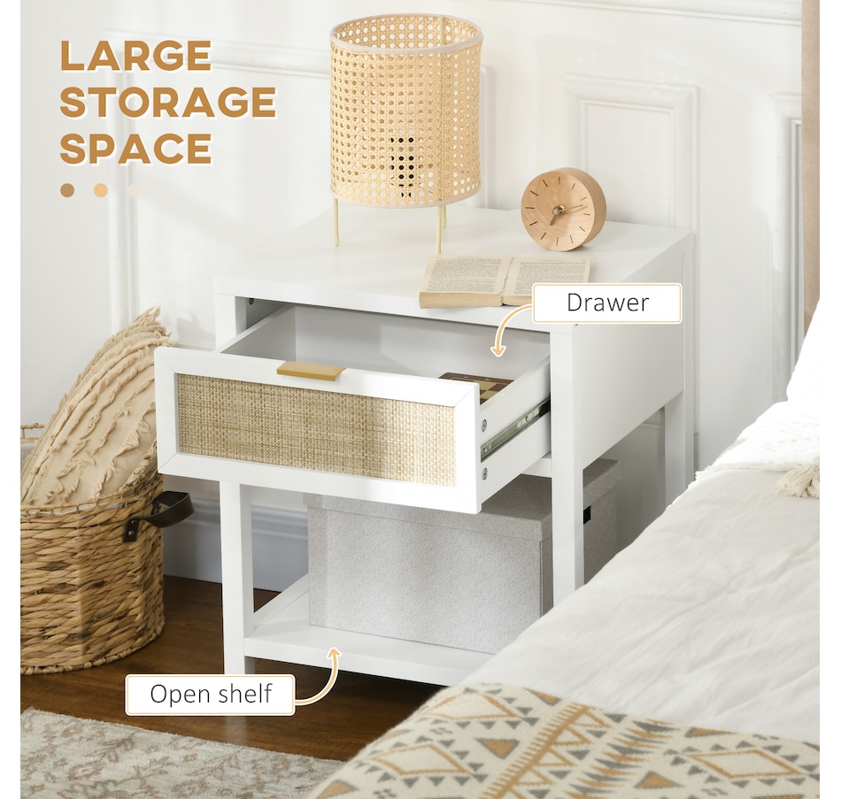 Image 976756_ALTMORE4.jpg, Product 976-756 / Price $94.99, HOMCOM Farmhouse Bedside Table with Drawer, Open Shelf and Rattan Element from HOMCOM on TSC.ca's Home & Garden department