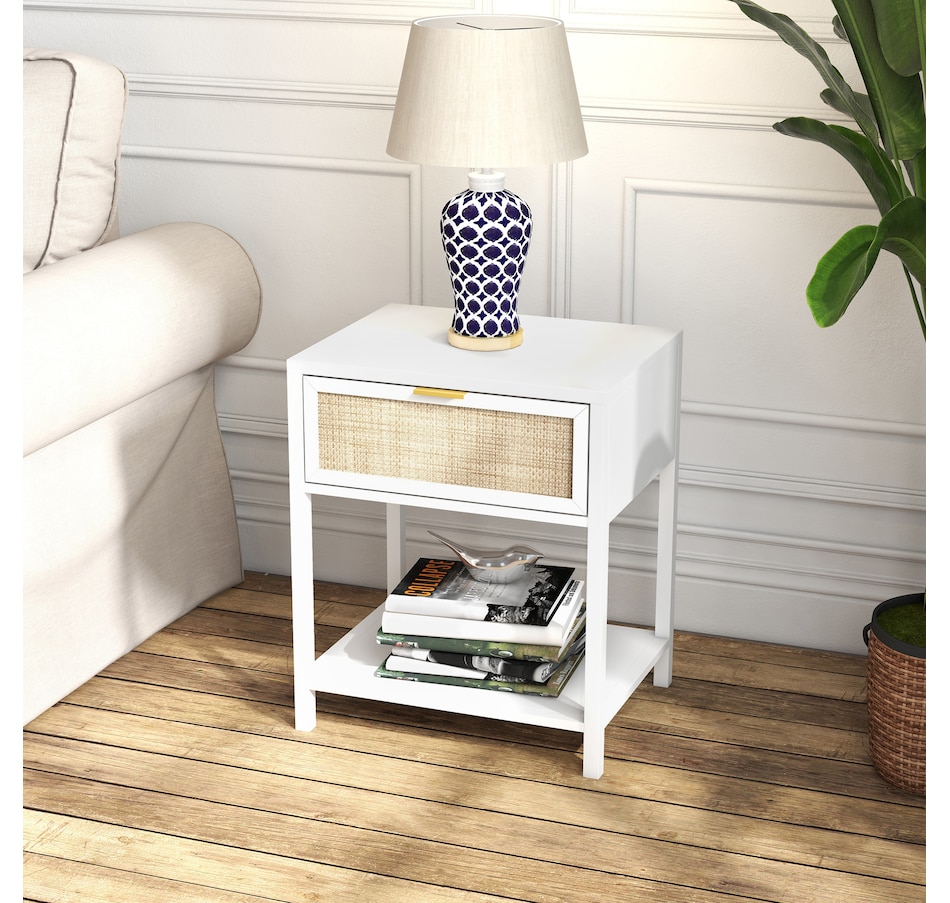 Image 976756_ALTMORE6.jpg, Product 976-756 / Price $94.99, HOMCOM Farmhouse Bedside Table with Drawer, Open Shelf and Rattan Element from HOMCOM on TSC.ca's Home & Garden department