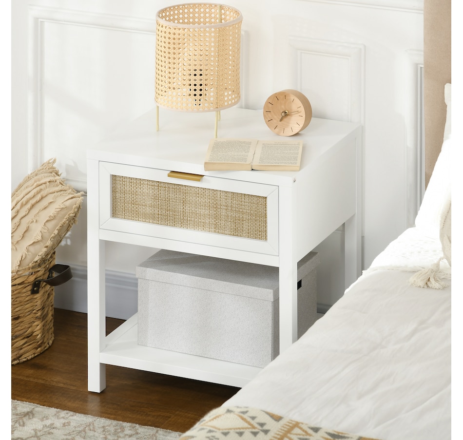 Image 976756_ALTMORE7.jpg, Product 976-756 / Price $94.99, HOMCOM Farmhouse Bedside Table with Drawer, Open Shelf and Rattan Element from HOMCOM on TSC.ca's Home & Garden department