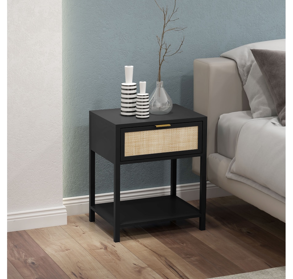 Image 976756_ALTMORE9.jpg, Product 976-756 / Price $94.99, HOMCOM Farmhouse Bedside Table with Drawer, Open Shelf and Rattan Element from HOMCOM on TSC.ca's Home & Garden department