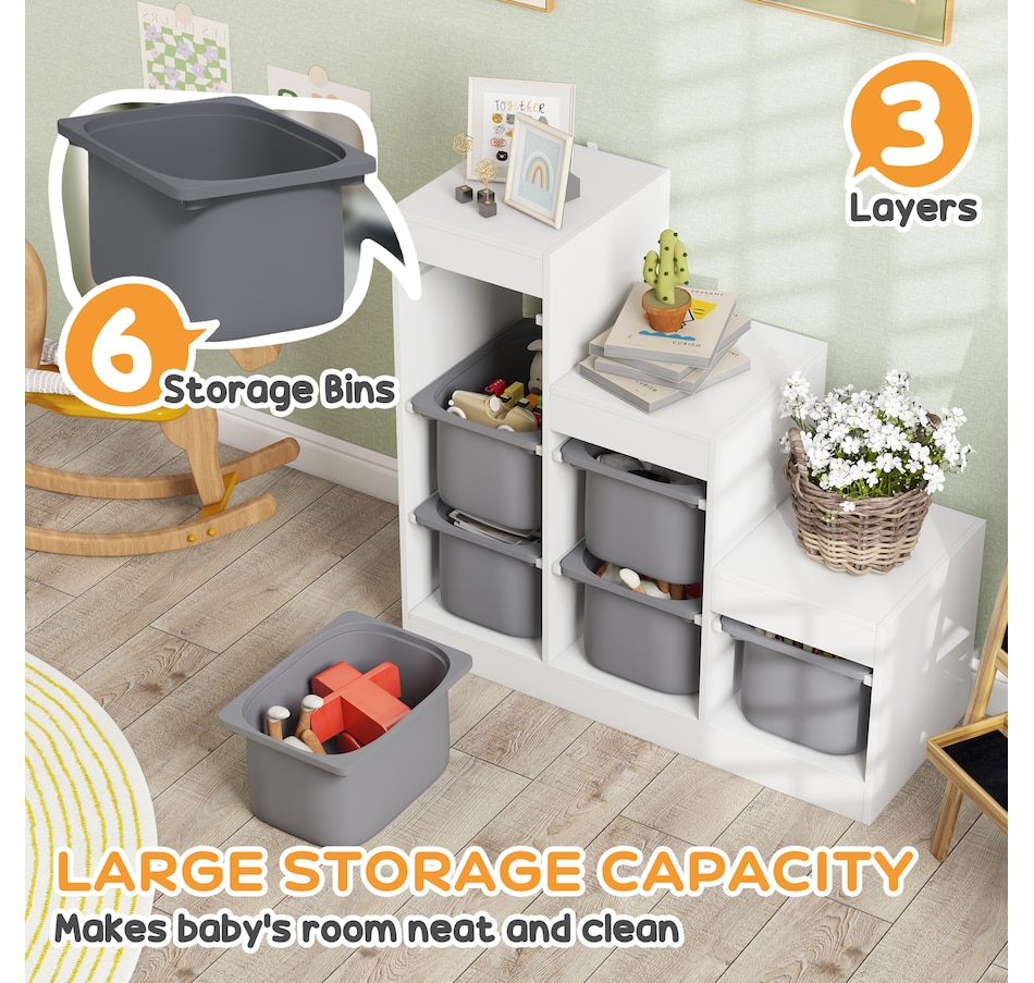 Image 976763_ALTMORE3.jpg, Product 976-763 / Price $159.99, Qaba Toy Storage Organizer Kids Bookshelf with 6 Plastic Bins, Grey from Qaba on TSC.ca's Home & Garden department